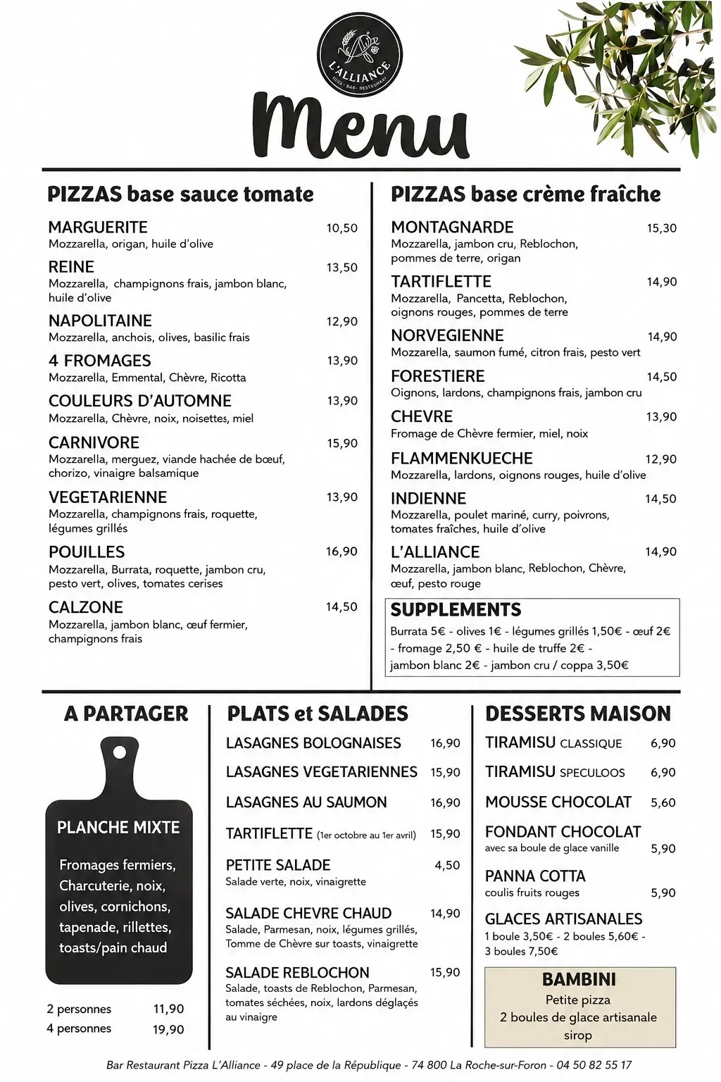 Carte complète du restaurant L'Alliance
